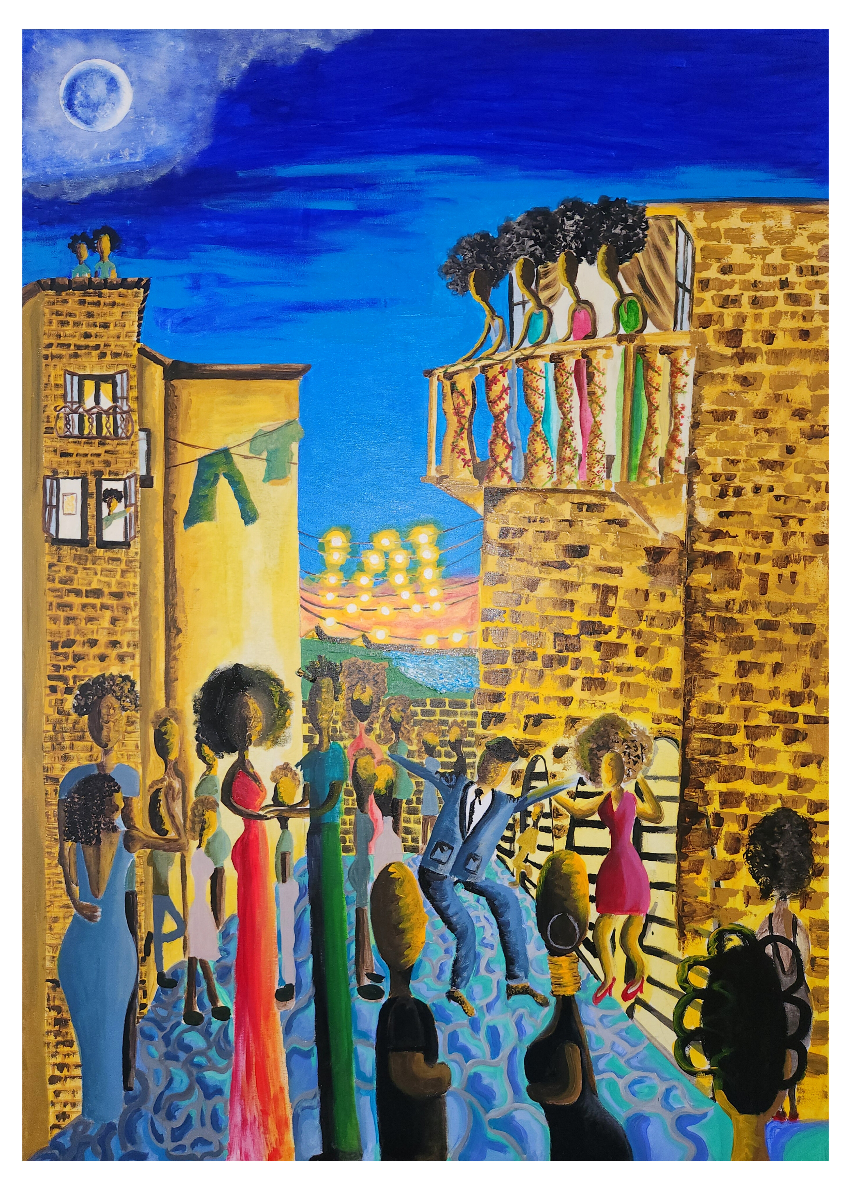 Night-time village street party under a full moon: people dancing on blue cobblestones with string lights overhead and figures watching from golden stone balconies